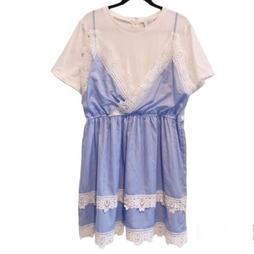 Anthropologie HD in Paris Gingham Lace Tshirt Dress Striped Plaid Mini Large